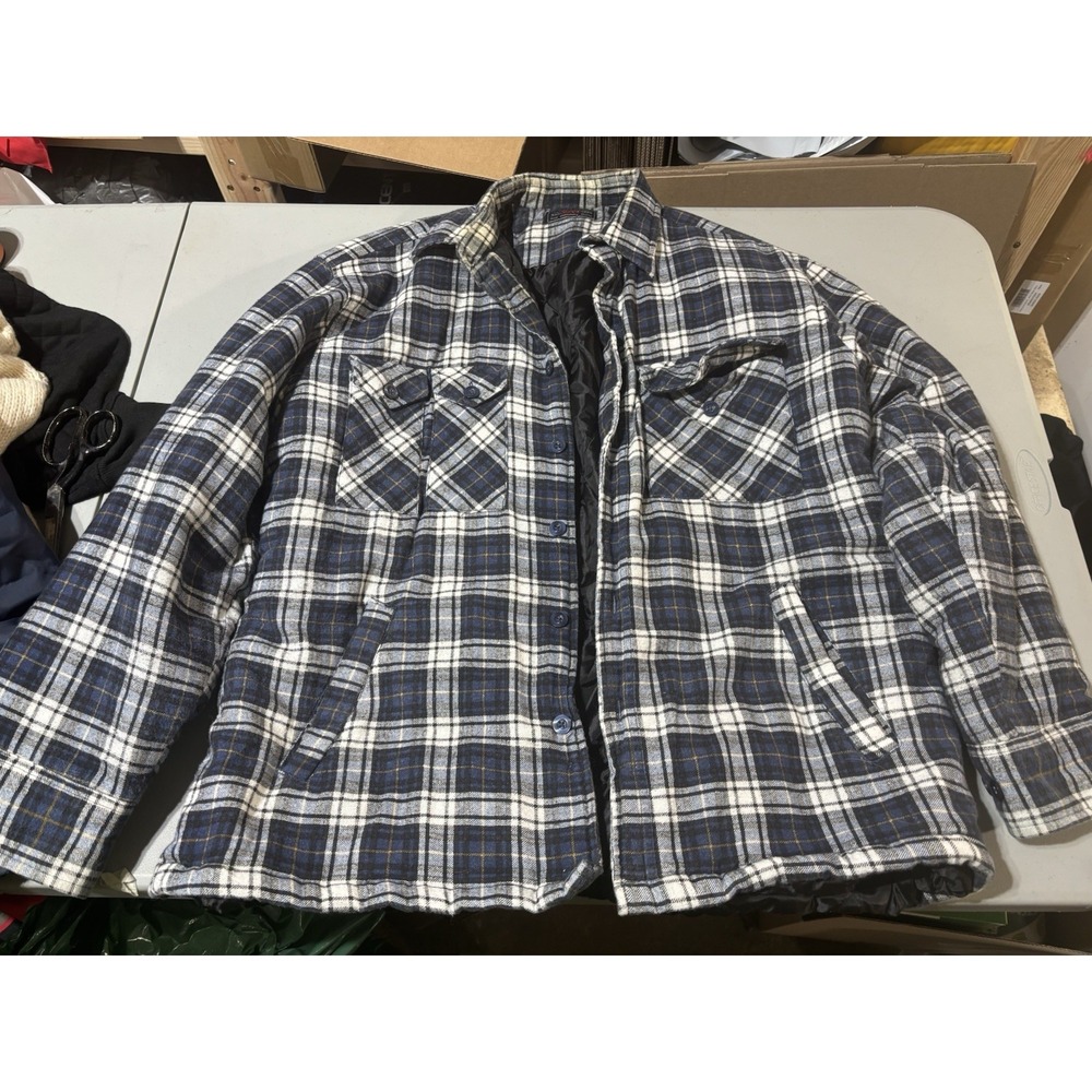 Wrangler Jacket Mens L Blue White Plaid Flannel Quilted Lined‎ Shacket Western